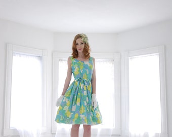 Vintage 1960s green dress, blue yellow sleeveless watercolor, S M