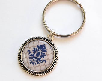 Damask Key Ring, key chain, Blue, Brown, Abstract Design, gift for her, stocking stuffer, gift for mom, Under 10 (7651)