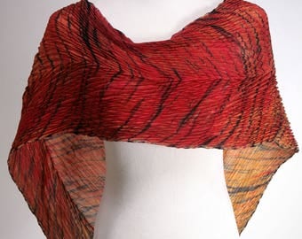 Red Pleated Silk Scarf Hand Dyed Shibori Luxury Wrap