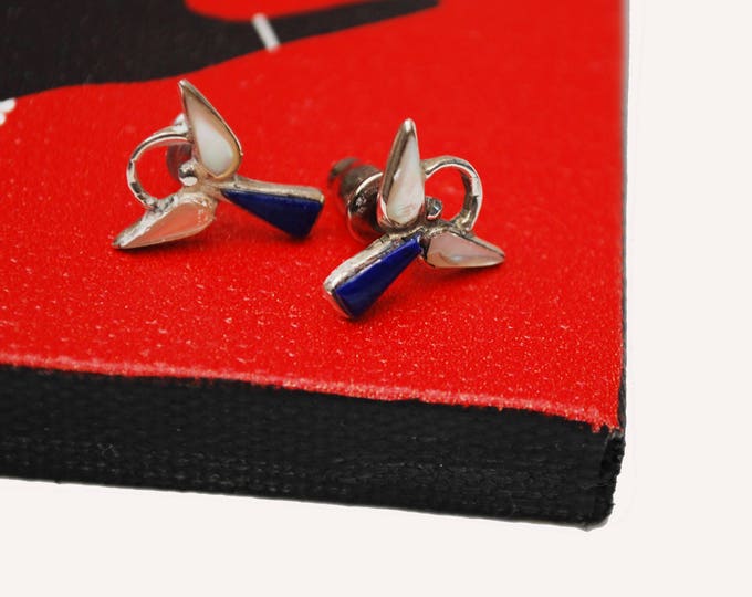 Sterling Angel Stud Earrings -Blue Lapis gemstone -White mother of pearl - pierced earring