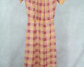 Adoreable 1930s Dress Sheer Swiss Dot Squares in Rust and Yellow XSmall Size