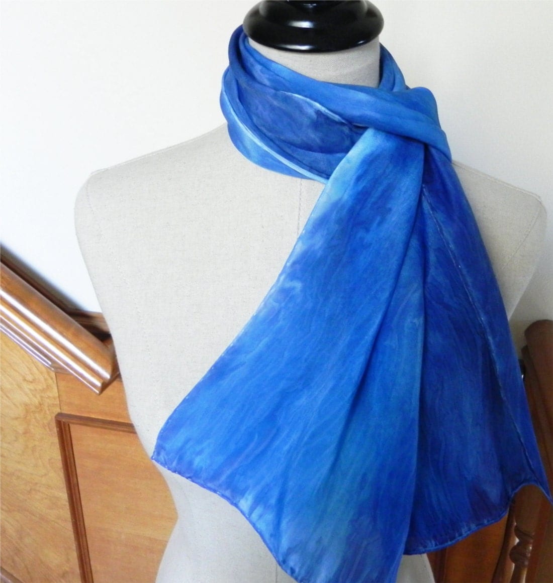 Blue Silk Scarf Hand Painted In Shades Of Blue Oblong Flat