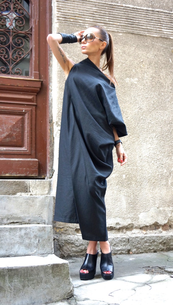 New Maxi Linen Dress / Black Kaftan Linen Dress / One Shoulder