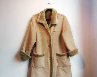 Shearling Coat Vintage Fur Suede Brown Tan Retro 1970s 70s 1960s 60s Penny Lane Caramel Duffel Coat Hippie Faux Shearling Coat