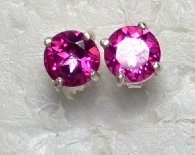 Pink Topaz Studs, 7mm Round, Natural, Set in Sterling Silver E1051