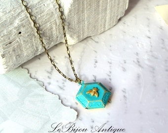Bee Locket Necklace small Honeycomb in blue with tiny gold brass Bee on antique bronze chain Hexagonal keepsake Gift for her