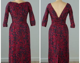 1950s Robert Norton Navy and Magenta Silk Floral Dress