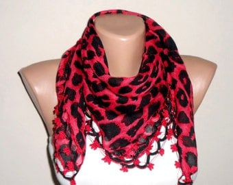 black red leopard scarf wrap cotton scarf turkish scarf yemeni scarf oya scarf woman accesories gift for her