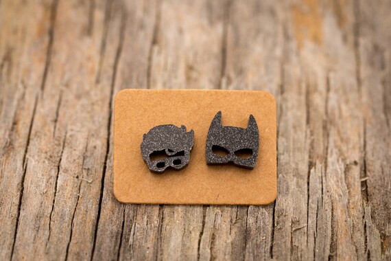 Superhero Earrings - Sparkle Batman & Robin Acrylic Studs on Surgical Steel Posts.