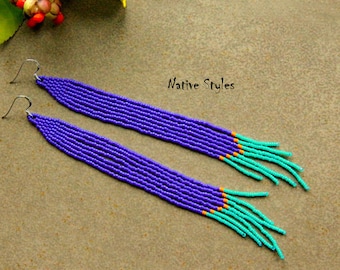 6"Royal Blue Beaded Shoulder Duster Earrings~Long Beaded Earrings~Long Bohemian Cobalt Blue Turquoise BOHO Seed Bead Earrings~Sterling 925