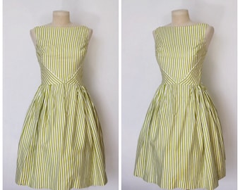 Vintage 1950s Dress | 50s Striped Dress | Green and White Striped Dress | Full Skirt Dress | Cotton Daydress