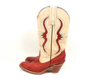 Vintage Frye Cowboy Boots - 90s Frye Two Tone Cowboy Boots - 90s Southwestern Boho Pull On Red Suede Snake Frye Cowgirl Boot Size 5.5 US W