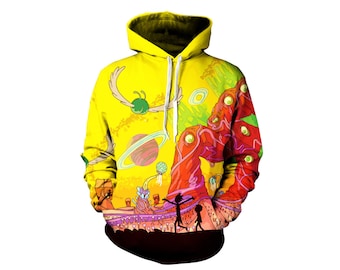 Rick and Morty Alien Pullover Hoodie - Trippy Planet Artwork Sweatshirt - Adult Swim Festival Clothing | Great Gifts