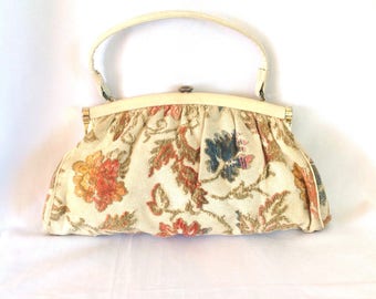 1960's Ivory Chenille Tapestry Bag Muted Colors