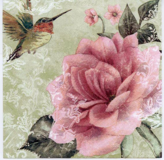 Decoupage Napkins Rose and Hummingbird on Green Bird