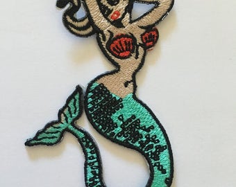 Pin Up Girl Pretty Mermaid Iron On Patch Shell Bra Black Hair Little Mermaid