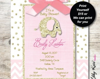 Elephant Baby Shower Invitation girl pink and gold glitter