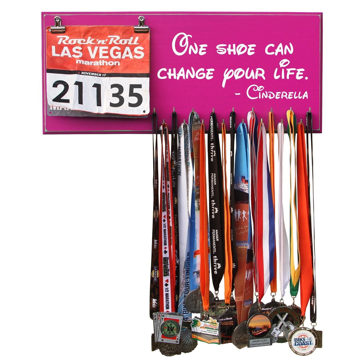 Inspirational Quote Medal Display e shoe can change your life Cinderella Medals and Bib Hanger Holder Display