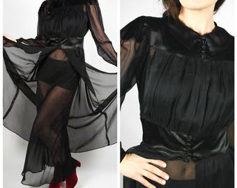 1940's Peignoir Set - 40's Black Nightgown Robe Set - 40's Lounge Wear - Size S/M