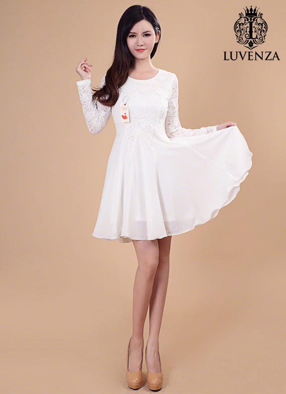 Long Sleeved White Lace Chiffon Dress Little White Dress 0886