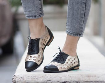 Gold Leather Shoes, Gold Oxford Shoes, Gold Shoes, Close Shoes, Flat Shoes, Summer Shoes , Free Shipping