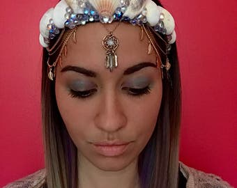 Blue Crystals and Feathers Crown/Mermaid Crown/Pink Crown/Crystal Crown/Seashell Crown/Parade Crown/Shell Crown/Mermaid Accessory/Hair Piece