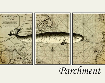Narwhal print, Nautical decor, Narwhal gift, set of 3 narwhal prints, old map art, bathroom art