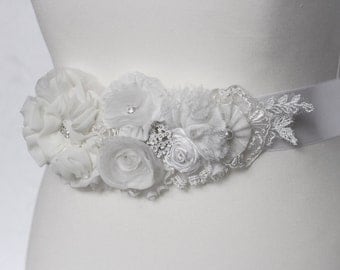 Bridal ivory sash, floral sash, flowers sash wedding floral rhinestone sash, ivory flower romantic wedding accessories lace