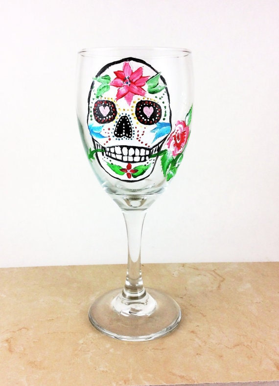 Skull wine glasses, Sugar Skulls, Dia de Los Muertos, Custom wine glass