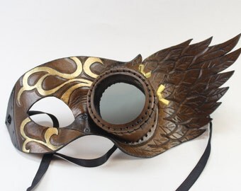 Steampunk mask - monocle and wing design. Brown and Gold - Masquerade mask - Mardi Gras - Venetian Mask