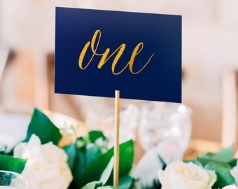 Asterism Gold Foil Table Numbers - Navy Paper - Two Sided - Wedding Table Numbers with Gold / Silver / Rose Gold Foil by Pineapple