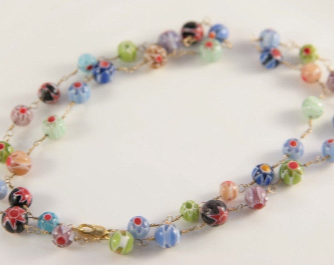 Vintage Millefiori Necklace Colorful Beaded Necklace Murano Italian Glass Flower Bright Necklace Colourful Rainbow Lampwork Beads Gift Bijou