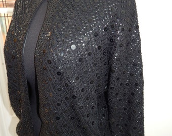 Black Beaded Cardigan Hook Closure Sweater 50-60's Mid Century Pinup Rockabilly Viva