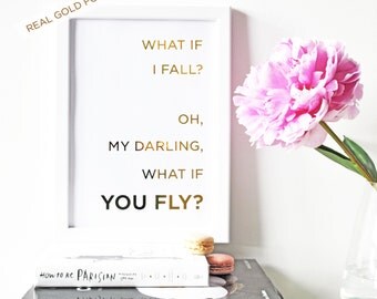 What If I Fall? Gold Foil Print, Peter Pan Gold Foil Quote, Inspirational Art, Office Decor, Gold Typography, Gold Wall Art
