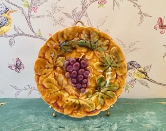 Antique Sarruguemines Majolica Fruit Plate, French Majolica Plate with Grapes and Leaves on Yellow Background
