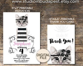 Cat Birthday invitation, Cat birthday, printable girl birthday, digital invitation printable, cat birthday party, Printable cat invitation