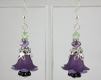 Silver Green and Purple Lucite Flower and Czech Glass Beaded Earrings