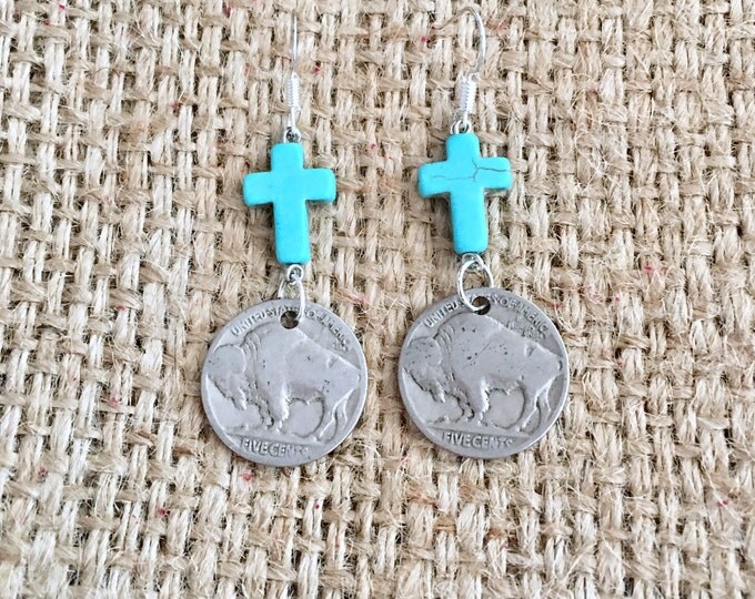 Blue Cross Earrings, Buffalo Nickel Earrings, Buffalo Earrings, Buffalo Nickel Drops, Howlite Earrings, Stone Cross Earrings, Coin Earrings