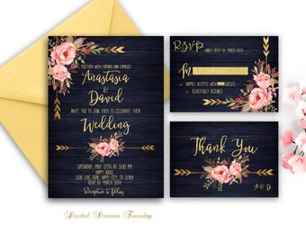 Navy Blue Wedding Invitation Printable Gold Wedding Floral Wedding Invitation Suite Rustic Wedding Country Wedding Invitation Boho Wedding