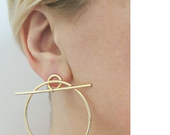 Circle and Stick Earrings, Circle Studs, Trendy Circle Stick Earrings, Circle Stick Studs, Minimal Earrings, Large Circle Earrings / E524