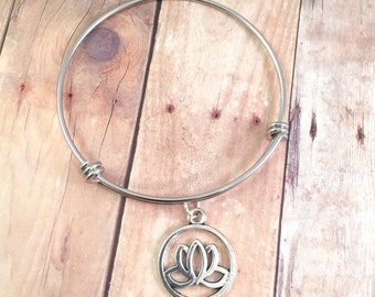 Yoga bangle, Yoga Lotus charm bangle, Yoga charm bracelet, stainless steel bracelet, for her