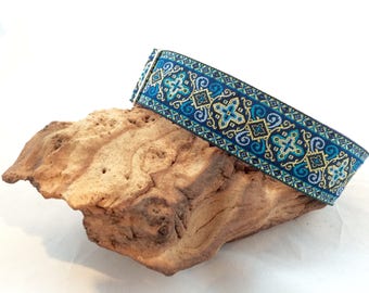 1.5 inch wide collar, blue dog collar, jacquard collar, greyhound collar, handmade collar, lurcher collar, smart dog collar uk, martingale