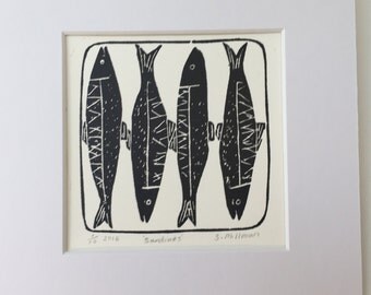 Sardines Hand Printed Lino Cut Print Black in Mount