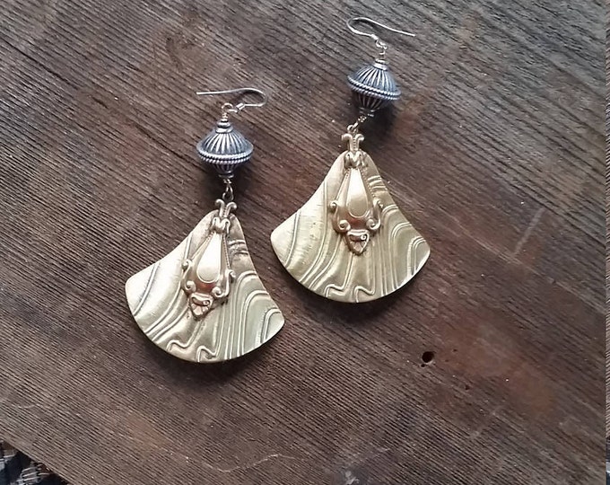 Art Deco Vintage Brass Dangle Earring with a Sterling Bali Bead