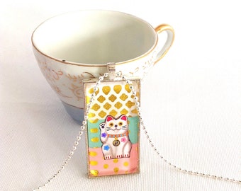 lucky cat necklace, kawaii lucky cat domino pendant, gold polka dots, 1x2" rectangle