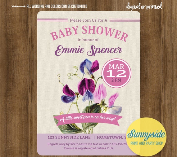 Sweet Pea Baby Shower Invitation | Floral Garden Shower invite | purple, floral baby girl printable or printed invitations Il_570xn