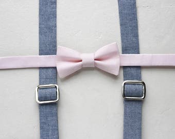 Blush Toddler Bow Tie Blue Suspenders Little Boy Suspenders Boys Blush Pink Bow tie Toddler Suspenders Chambray Baby Suspenders Blush bowtie