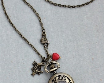 Alice in Wonderland Pocket Watch Necklace in Antique Brass