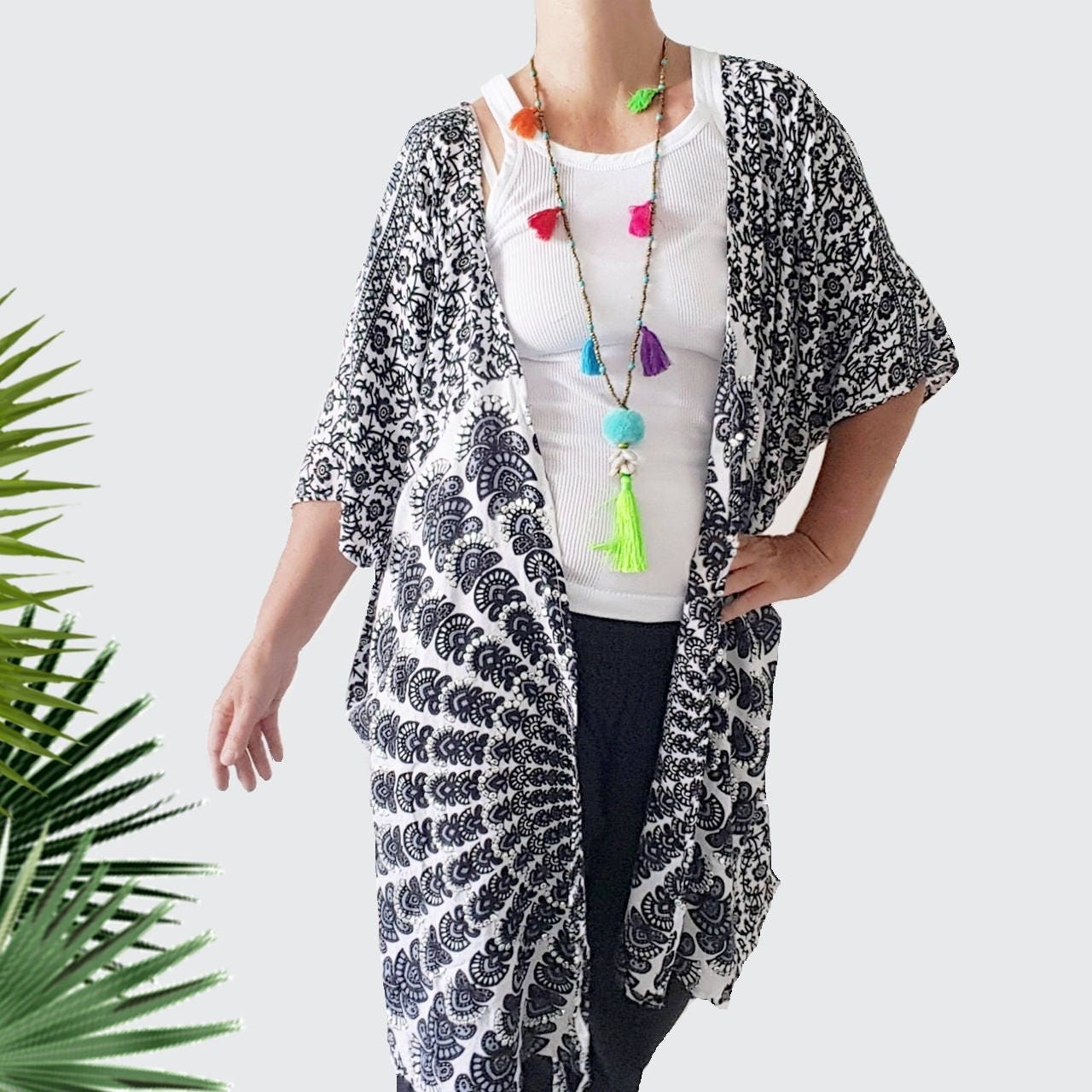 Beach Kimono Black and white print Kimono mandala Boho