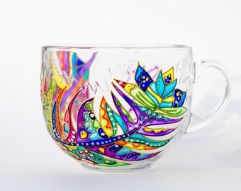 Large Coffee Mug, Glass Tea Mug Personalized mug Feather Cup, Gift for her Bridesmaid Cups SALE